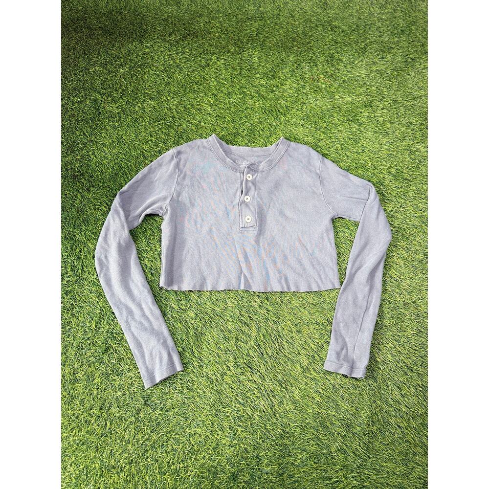 John Galt Cropped Long Sleeve Henley Top Blue Button Womens Small Y2K Baby Tee